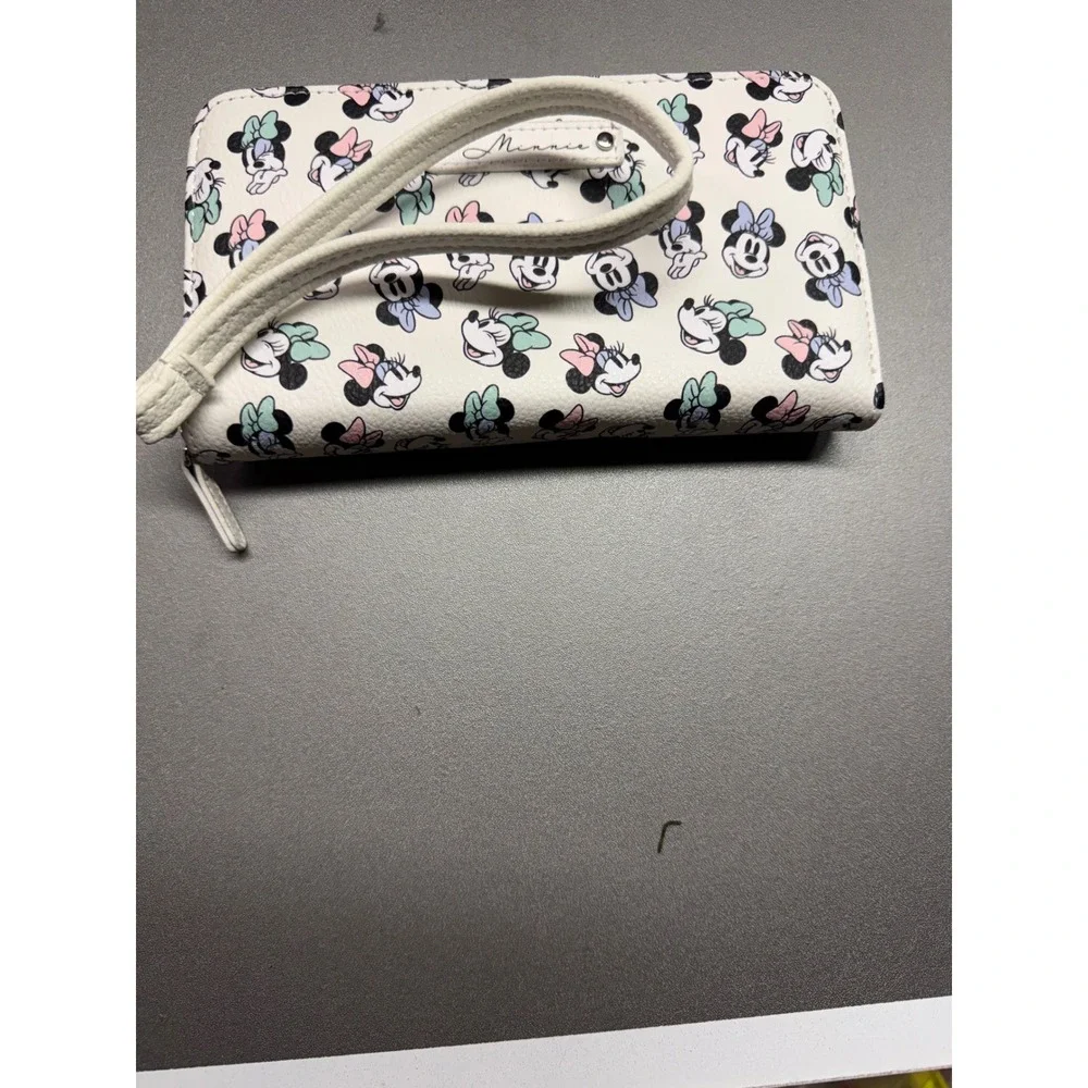 Disney Minnie Mouse Zip Around Wallet White Pastel Bows Faux Leather Long Clutch